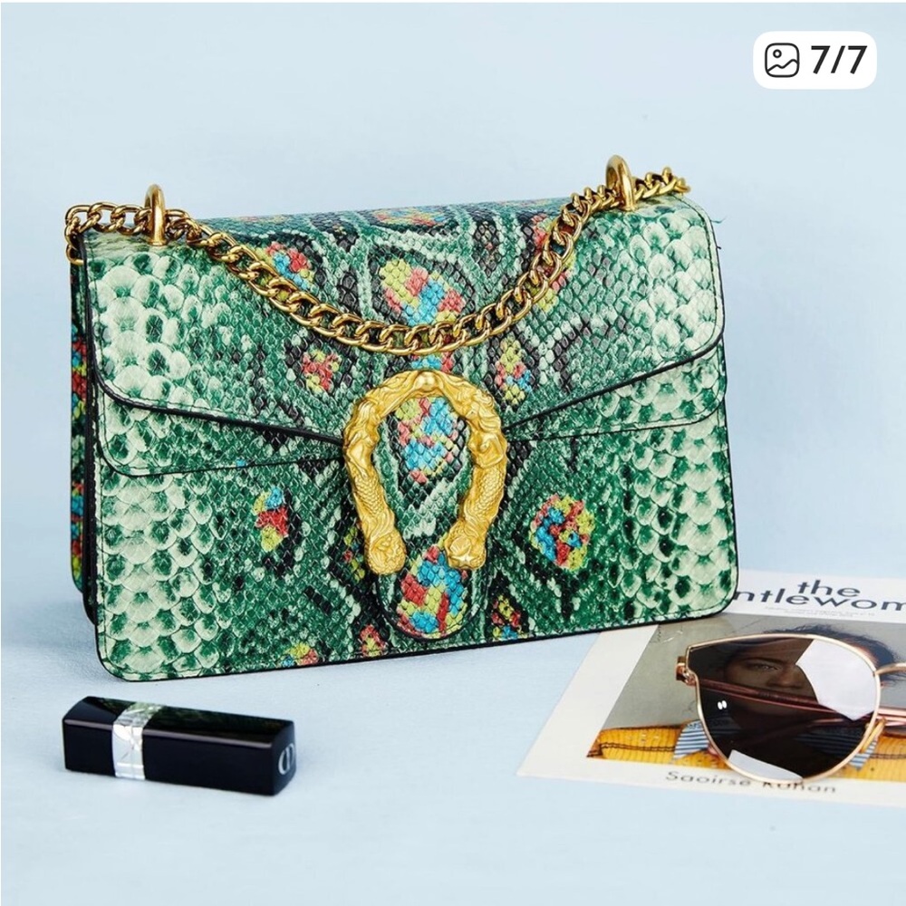 Luxury Green SnakeskinVegan Leather Gold Chain Purse Crossbody Satchel Bag - Picture 9 of 9